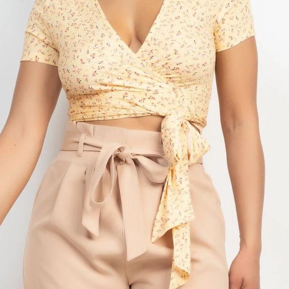 Waist Tie Wrap Plunging Neck Top - Crop top - Tie-waist top - top - Picture 3 of 6